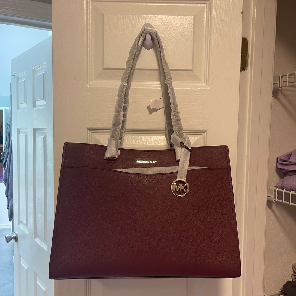 Michael Kors Wine Saffiano Leather Tote with Gold MK Charm - Picture 2 of 6